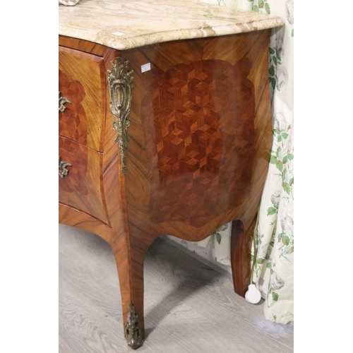 307 - French Louis XV style two drawer marble topped commode, cube parquetry front and sides, approx 84cm ... 