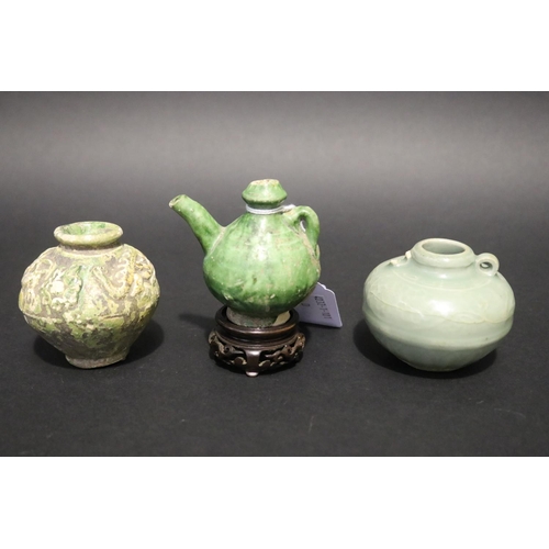 317 - Sawankhalok relief pottery jar, along with a early celadon squat jar, and green glazed song dynasty ... 