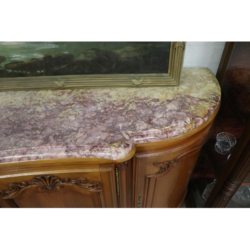 321 - Vintage French Louis XV style marble top enfilade sideboard, approx 102cm H x 245cm W x 56cm D