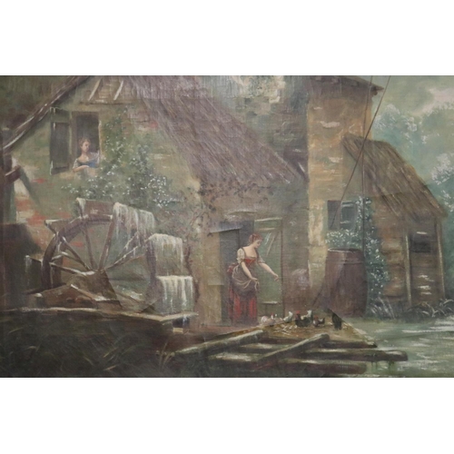 325 - Large antique French school, watermill and cottage in a rural landscape, oil on canvas, approx 160cm... 