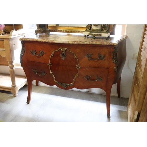 332 - Vintage French Louis XV revival marble topped two drawer commode, approx 84cm H 127cm W x 52cm D