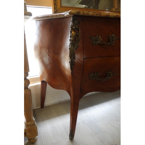 332 - Vintage French Louis XV revival marble topped two drawer commode, approx 84cm H 127cm W x 52cm D