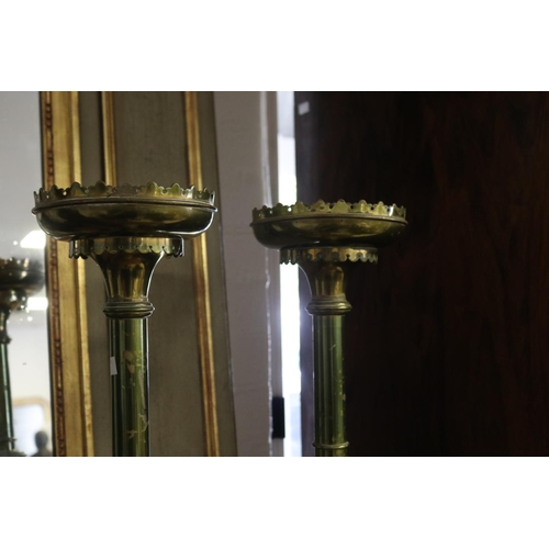 339 - Tall pair of antique brass church prickets lamp bases. weighted bases, castellated top rims, each ap... 