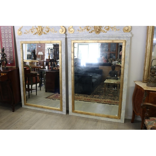 342 - Pair of large French pier mirrors, each distressed painted with raised gilt decoration, each approx ... 