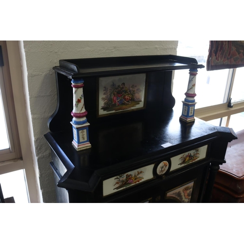 377 - Antique Continental, most likely German, ebonized cabinet with porcelain panels  legs,  brass mounts... 