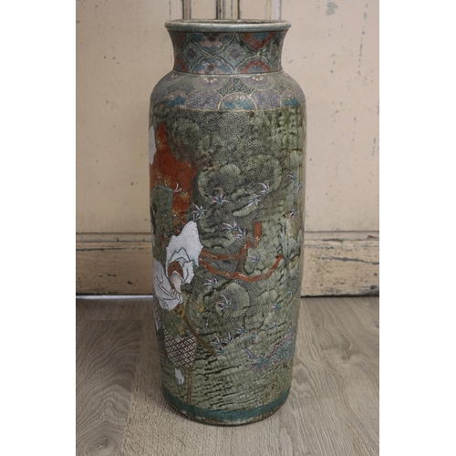 380 - Antique Japanese green glazed pottery cylinder floor vase, decorated with Samurai, approx 67cm H
