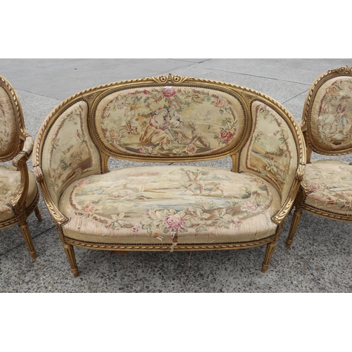 385 - Antique 19th century French giltwood five piece lounge suite, upholstered with Aubusson needlework u... 