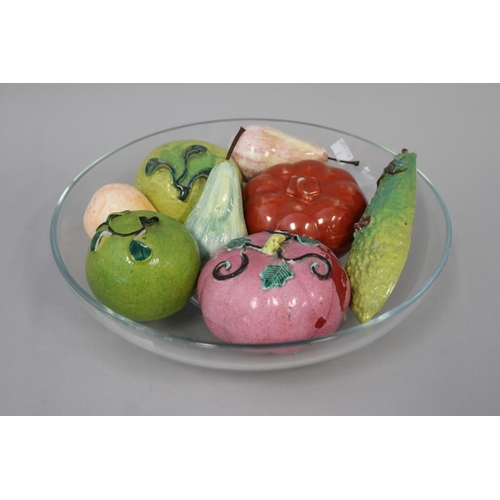 347 - Assorted oriental glazed pottery fruit, along with a large glass bowl, approx 33cm Dia and smaller