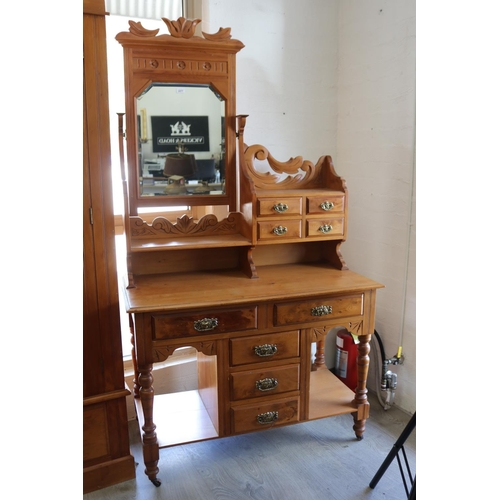 370 - Huon pine bedroom suite to include wardrobe and two dressing tables, wardrobe approx 215cm H x 126cm... 