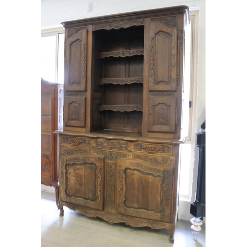 376 - French carved oak two height buffet, well carved low relief decoration, approx 236cm mH x 150cm W x ... 