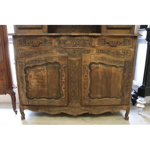 376 - French carved oak two height buffet, well carved low relief decoration, approx 236cm mH x 150cm W x ... 