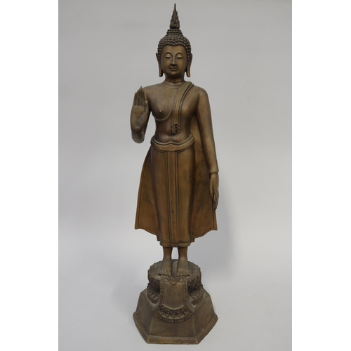 302 - Decorative Thai brass standing buddha,  hexagonal base, approx 59cm H including base
