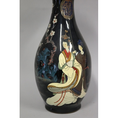 308 - Japanese flared rim porcelain vase, black ground, painted with Geisha, approx 46cm H