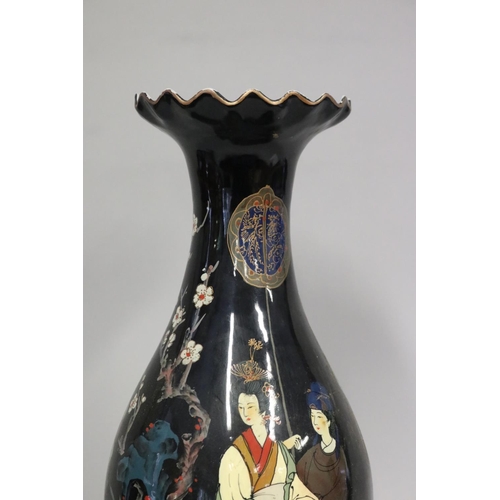 308 - Japanese flared rim porcelain vase, black ground, painted with Geisha, approx 46cm H