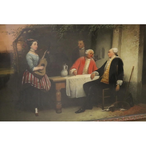 405 - Unknown, antique 19th century, oil on panel, figures drinking with lady playing a guitar, mounted in... 