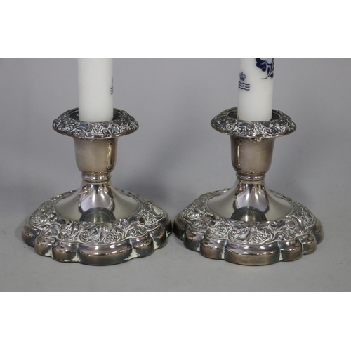 278 - Pair of silver plate squat candlesticks with Copenhagen candles, each approx                       9... 