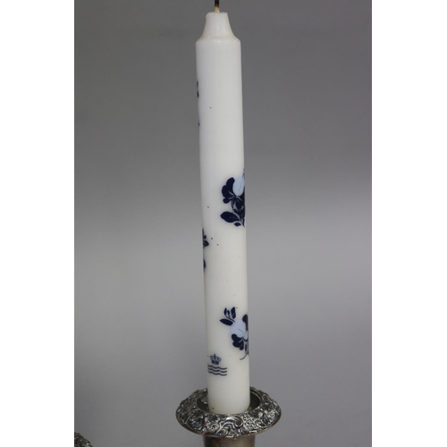 278 - Pair of silver plate squat candlesticks with Copenhagen candles, each approx                       9... 