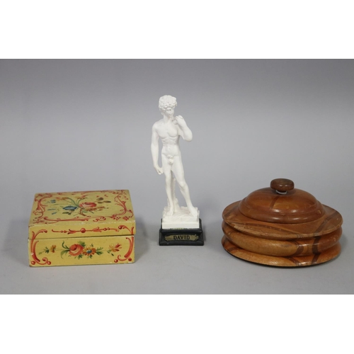 282 - Statue of David, Italian hand painted lidded box and New Zealand specimen wood circular box, to incl... 