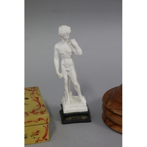 282 - Statue of David, Italian hand painted lidded box and New Zealand specimen wood circular box, to incl... 