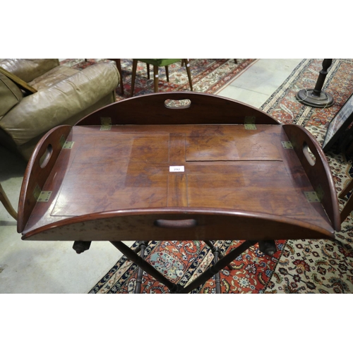 292 - Butlers tray on turned folding stand, approx 89cm H x 72cm W x 49cm D all measurements with sides up... 