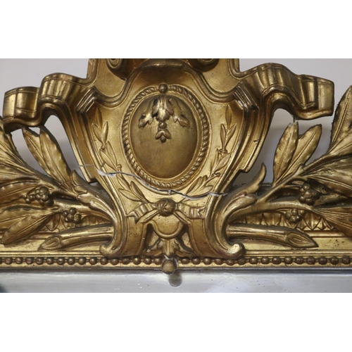 298 - Antique French Louis XV style salon mirror, damages to crest, 168cm x 110cm