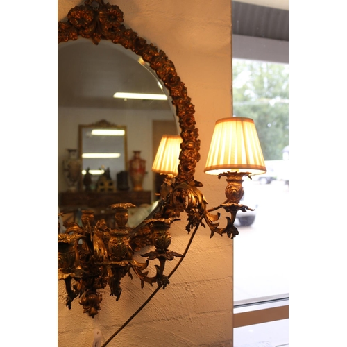 345 - Antique ormolu bronze girandole mirror, fitted with a central three stick sconce, and single scones ... 