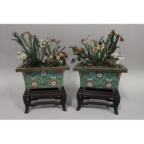 322 - Pair of Chinese cloisonné jardinières of rectangular shape, fitted with hardstone flowering colourfu... 