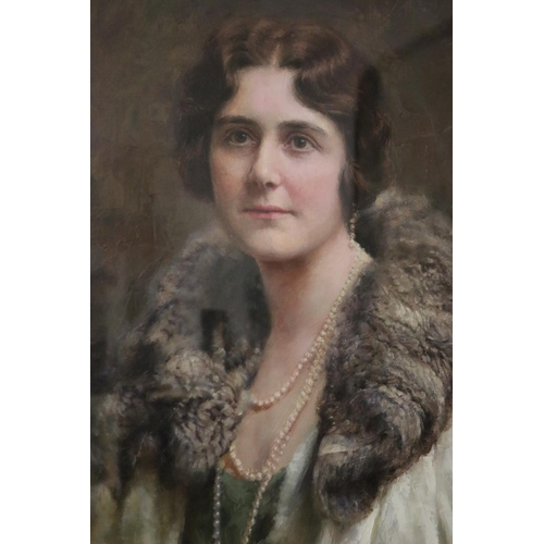 Frank C. King, portrait of Mrs. Viola Sydney Hordern, oil on canvas, signed lower left. Mrs. Viola Hordern inscription verso painted by Frank C King for Speaight Ltd 157 New Bond St London.

Viola died 14 February 1929 from pneumonia in the UK. Wife of Mr. Anthony Hordern, of Sydney. She was, before her marriage, Miss Violet Sydney Bingham.

Mrs. Hordern was the wife of Mr. Anthony Hordern, who is a brother of Sir Samuel Hordern. She was formerly Miss Viola Bingham, a daughter of the late Colonel Bingham, of Melbourne, and at one time of the Indian Army. She leaves three children, one son and two daughters, who are in London with their father. She was for a time interested in racing, and entered horses at Randwick, and was particularly successful at the picnic races. She was also a prominent exhibitor of cattle at the Royal Sydney Show. Mrs. Hordern, whose home was "Retford Hall," Darling Point, was very handsome, and was very popular in society. With Mr. Hordern, she frequently lent "Retford Hall" for entertainments for various charities, and was a keen supporter of the Women's Hospital, Crown-street. A personal friend of the Hon. Mrs. Pitt Rivers, she was frequently at Admiralty House when Lord Forster was Governor-General of Australia, approx 67cm x 49cm. Provenance: Directly from the Hordern Family