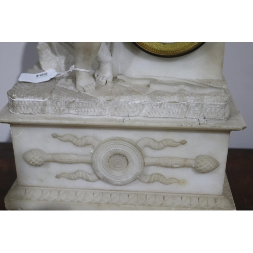 18 - Antique carved alabaster figural mantle clock, silk suspension movement, key and pendulum, untested,... 