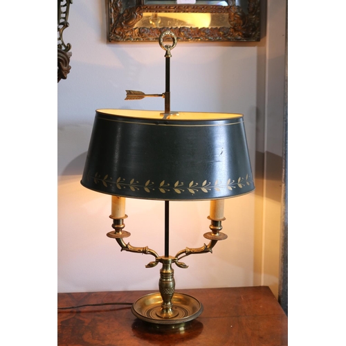 39 - Vintage French brass two light briollotte lamp, with adjustable green painted shade, brass dish base... 