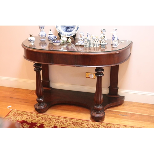 40 - Antique mahogany D end console table, single central drawer, approx 74cm H x 120cm W x 54cm D