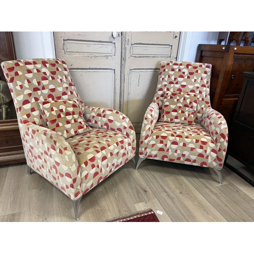 76 - Pair of modern upholstered armchairs, cast aluminium legs (2)