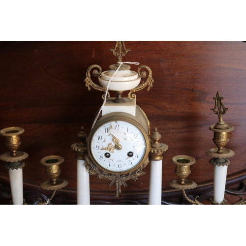 113 - Antique French white marble and brass clock and matching three stick candelabra (garniature), no key... 