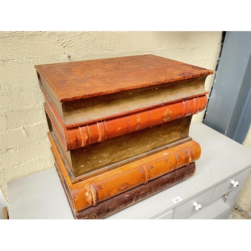 135 - Large faux stack of leather spine books, with lift up top box, and single drawer below, approx 52.5c... 