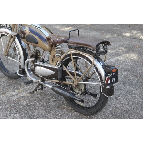 6 - Vintage French Monet-Goyon motorcycle, unknown working condition, sold as is, approx 190cm L x 66cm ... 