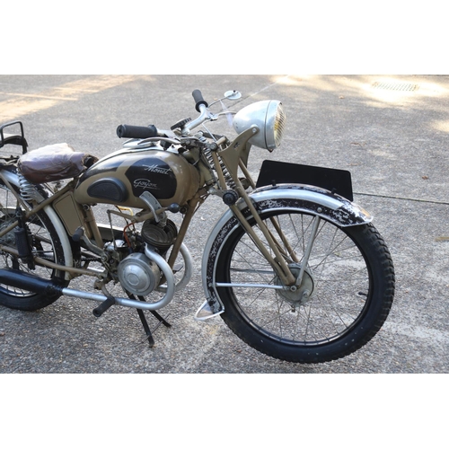 6 - Vintage French Monet-Goyon motorcycle, unknown working condition, sold as is, approx 190cm L x 66cm ... 
