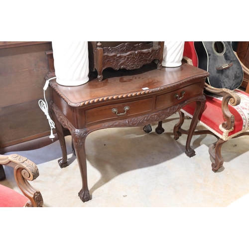 144 - Vintage Chippendale cedar revival two drawer servery table, with carved back board, approx 91cm H x ... 