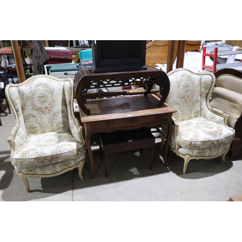 152 - Pair of French painted and gilt decorated framed wing lounge armchairs (2)