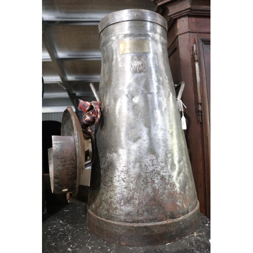 167 - T Ryan of Port Fairy - Joyce banded steel tapering form lidded milk can, carry handles to the sides,... 