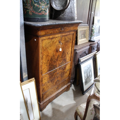 168 - Antique French Louis Philippe marble topped figured walnut secretaire abattant, fall front with writ... 