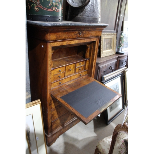 168 - Antique French Louis Philippe marble topped figured walnut secretaire abattant, fall front with writ... 