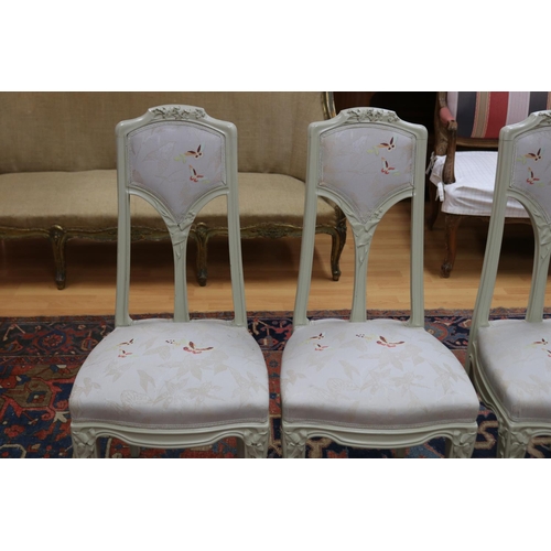 174 - Set of four Art Nouveau Majorelle salon chairs with white & grey upholstery. Restored in Nancy, appr... 