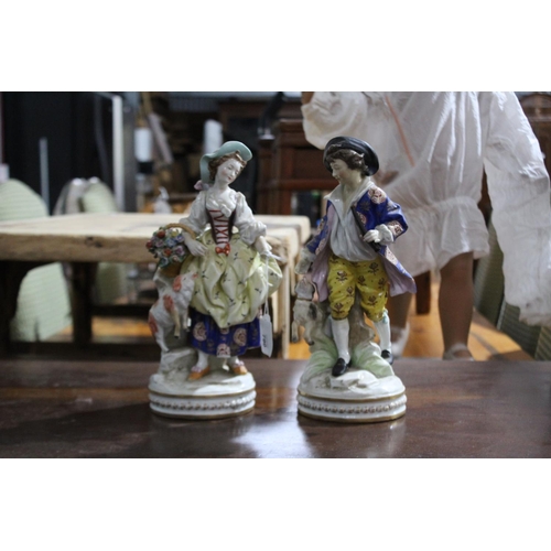 184 - Pair of antique French porcelain figures, girl with basket and boy with flute, approx 30cm H each (2... 