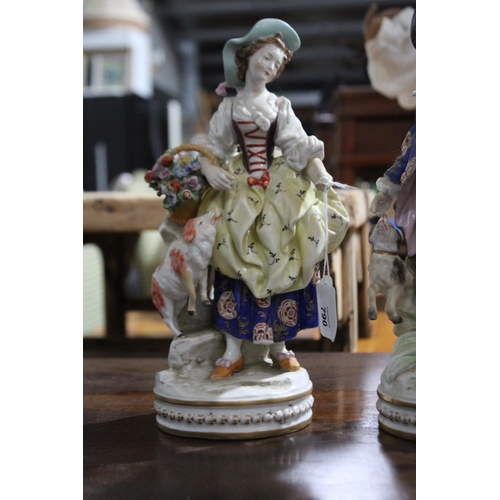 184 - Pair of antique French porcelain figures, girl with basket and boy with flute, approx 30cm H each (2... 