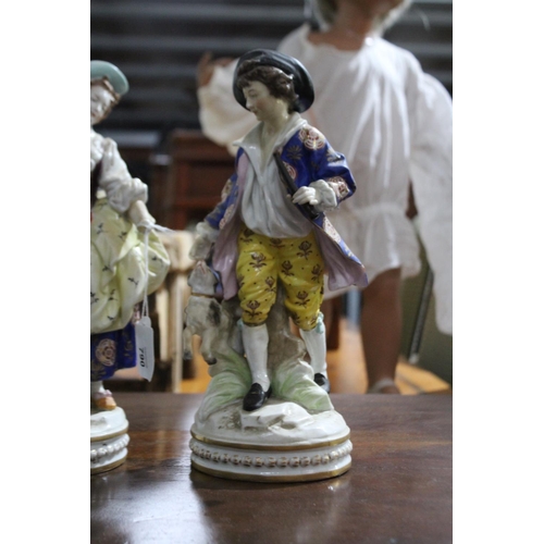 184 - Pair of antique French porcelain figures, girl with basket and boy with flute, approx 30cm H each (2... 