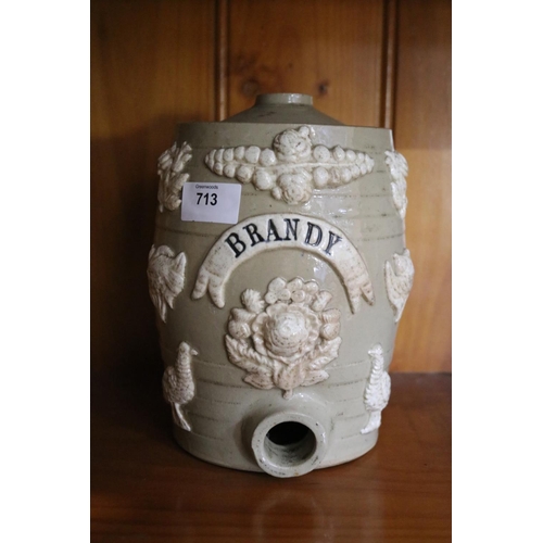 187 - Antique pottery brandy bung barrel, applied sprigs of Pheasants, birds and flowers, approx 23cm H