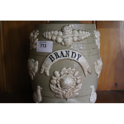 187 - Antique pottery brandy bung barrel, applied sprigs of Pheasants, birds and flowers, approx 23cm H