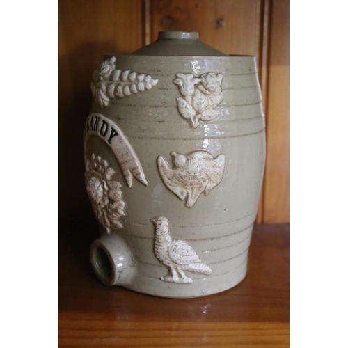 187 - Antique pottery brandy bung barrel, applied sprigs of Pheasants, birds and flowers, approx 23cm H