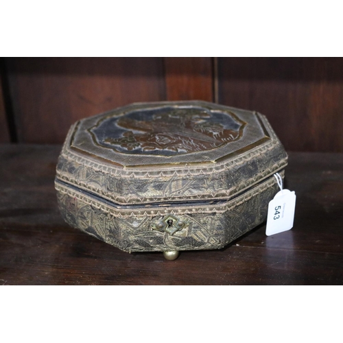 189 - Antique Asian export octagonal sewing box, with brass ball feet, approx 9.5cm H x 22cm W
