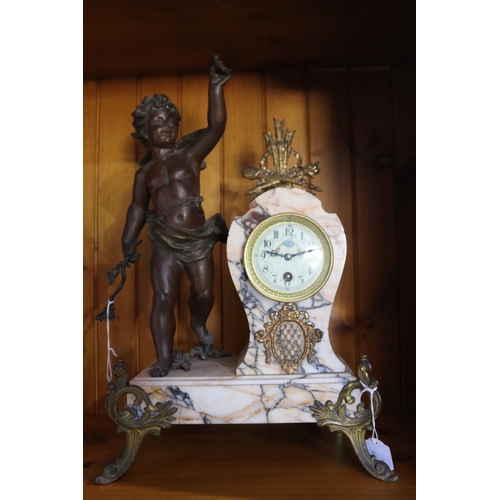 203 - Antique French bronzed spelter figural marble mantle clock, has pendulum but no key, untested, appro... 
